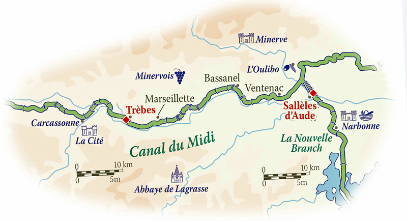 Mapa del Itinerario de este crucero por el Canal du Midi (Francia) CRUCEROS FLUVIALES SUR DE FRANCIA CANALES DE FRANCIA CANAL DU MIDI CARCASSONNE SALLELES DAUDE ROUBIA MINERVE
